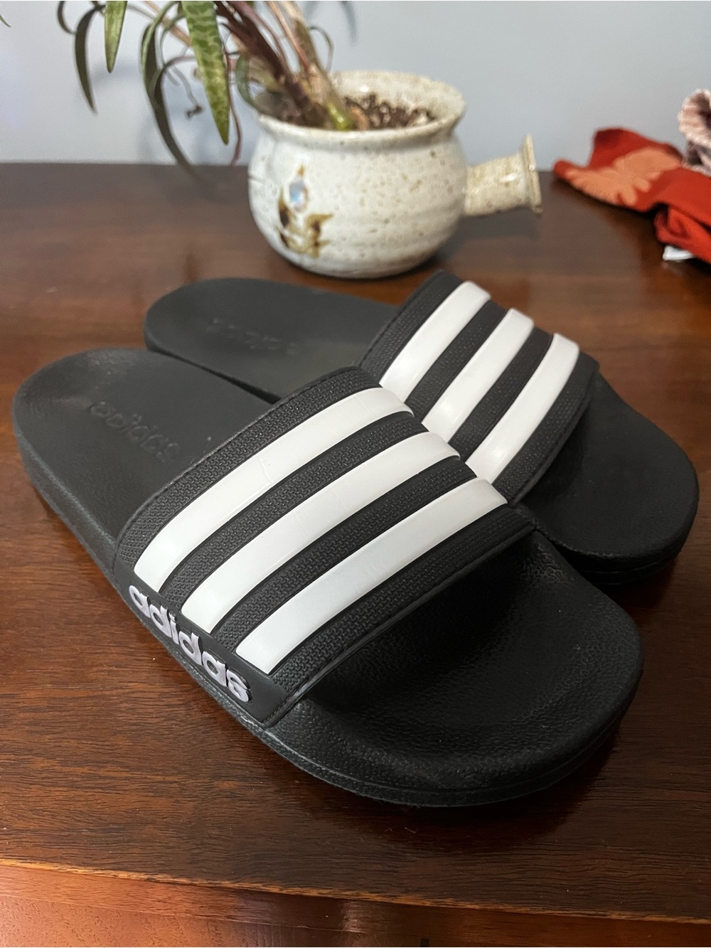 adidas Black and White Kids Slide Sandals with Three Stripes